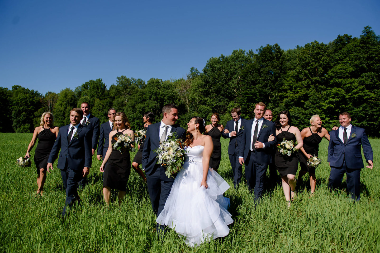 a bride, groom, and their wedding party walking through a field in Erie, Pennsylvania