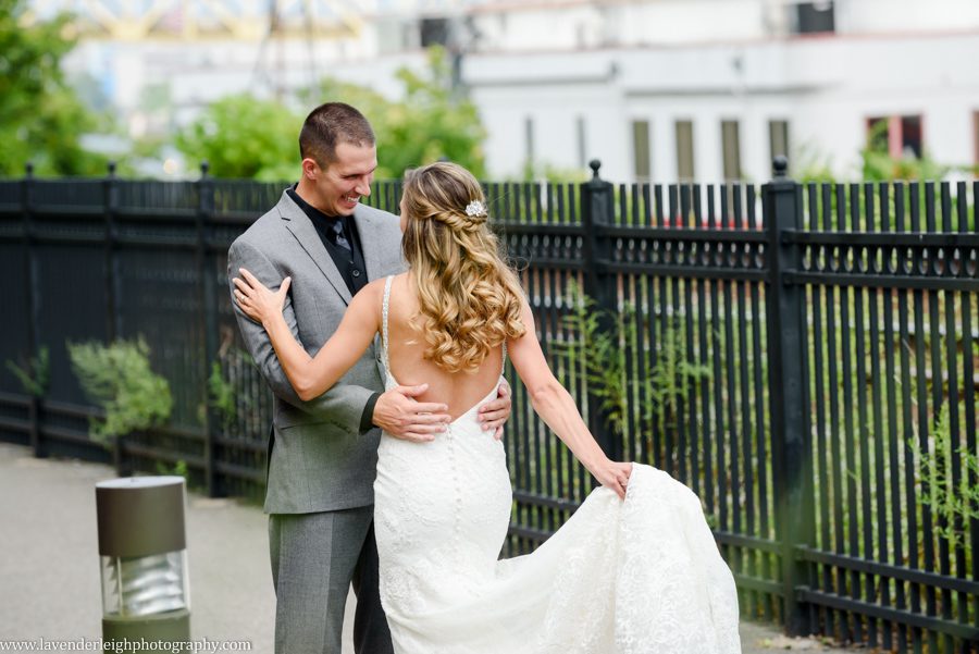 The LeMont, Pittsburgh, wedding, reception, ceremony, photographer, photo, image, picture, downtown, chic, bridges, point state park, Mt. Washington Overlook, St. Mary Church, Sharpsburg, Lavender Leigh Photography, bride, groom, grey wedding colors, neutral and white bouquet, first look, Pennsylvania