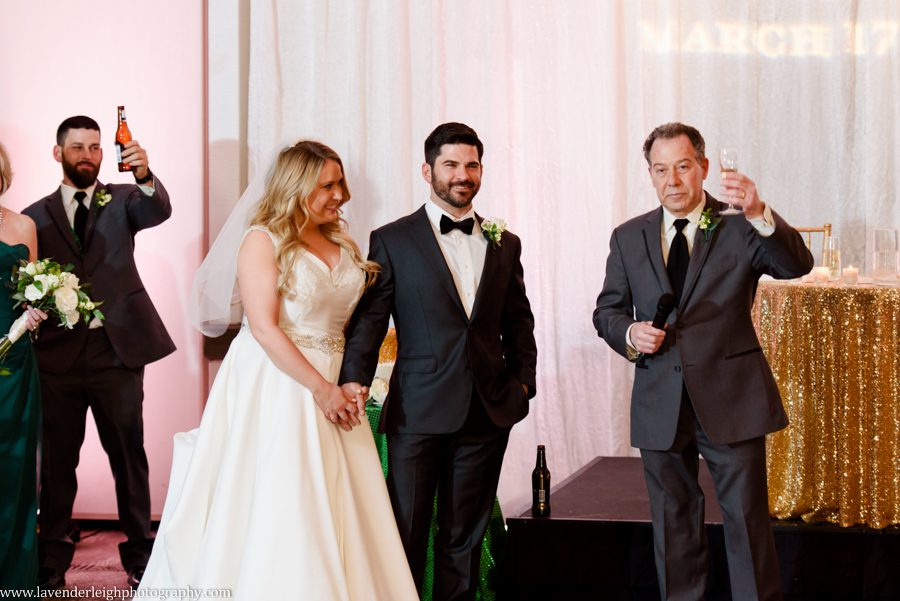 Lavender Leigh Photography, pittsburgh wedding photograPittsburgh Airport Marriott, wedding, photographer, photograph, picture, engagement, winter, Pennsylvania, Best of the Knot, Couples' Choice, wedding venues, ceremony reception, St. Patrick's Day, Gold, Glitter, Champagne Bridesmaids Dresses, Badgley Mischka shoes, white floral bouquets, romantic, candlelit