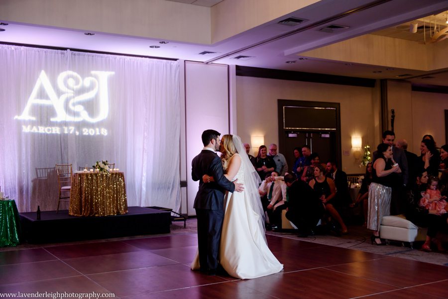 Pittsburgh Airport Marriott, wedding, photographer, photograph, picture, engagement, winter, Pennsylvania, Best of the Knot, Couples' Choice, wedding venues, ceremony reception, St. Patrick's Day, Gold, Glitter, Champagne Bridesmaids Dresses, Badgley Mischka shoes, white floral bouquets, romantic, candlelit