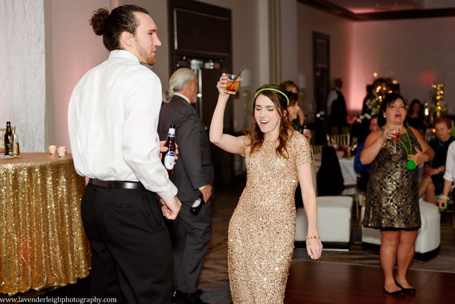 Pittsburgh Airport Marriott, wedding, photographer, photograph, picture, engagement, winter, Pennsylvania, Best of the Knot, Couples' Choice, wedding venues, ceremony reception, St. Patrick's Day, Gold, Glitter, Champagne Bridesmaids Dresses, Badgley Mischka shoes, white floral bouquets, romantic, candlelit