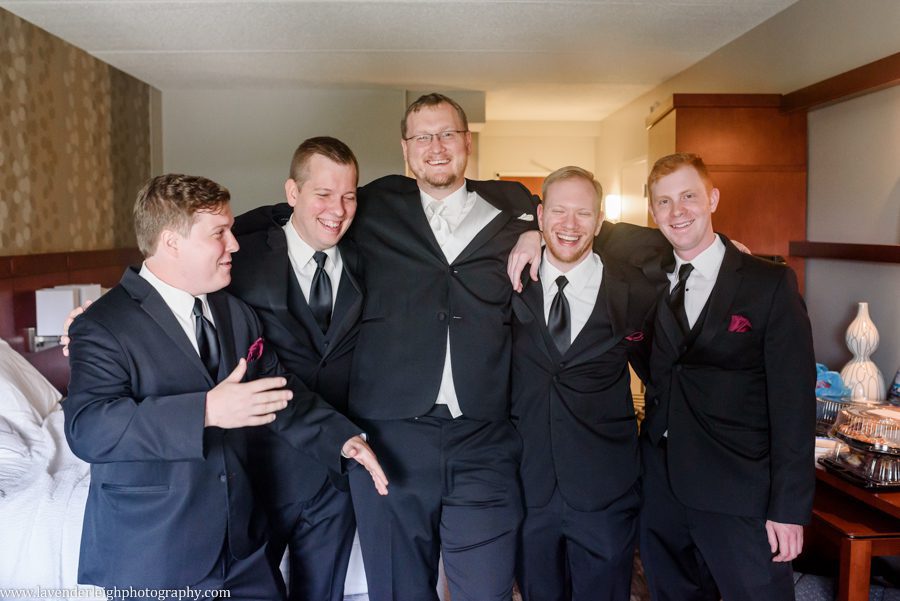 Groom and Groomsmen Joking Around at the Pittsburgh Courtyard Marriott Settler's Ridge
