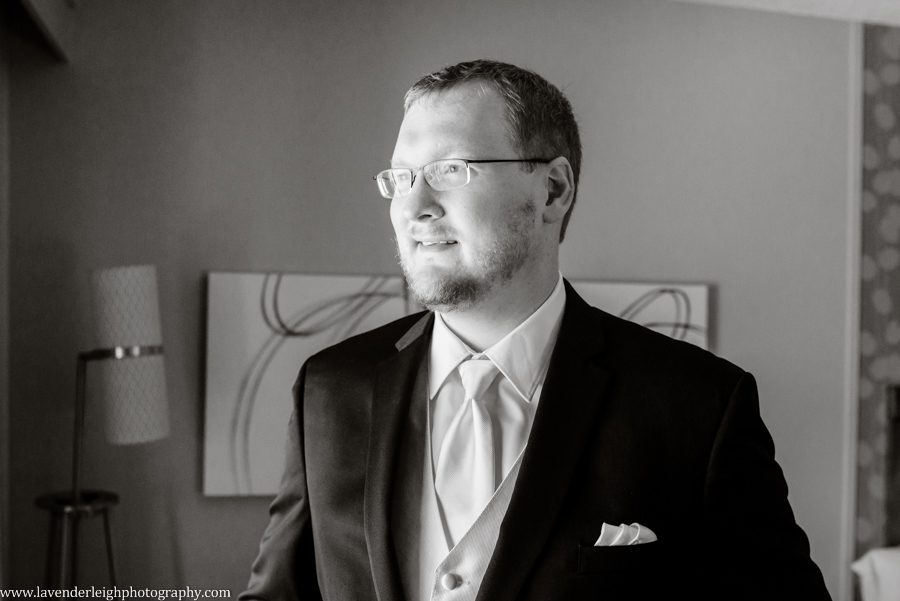 Portrait of a Groom as He Gets Ready for His Wedding at the Pittsburgh Courtyard Marriott Settler's Ridge