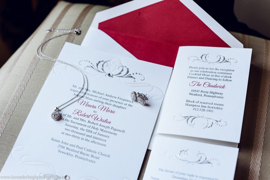 A winter wedding in Pittsburgh, Pennsylvania. The ceremony took place at St. John and Paul church, and the reception was hosted at the Chadwick ballroom in Wexford. Images by Lavender Leigh Photography. 