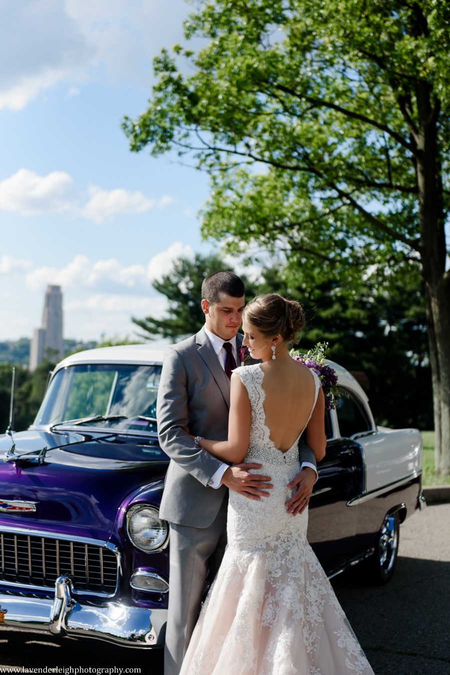 Bride, Groom, and a Purple 1950s Chevy