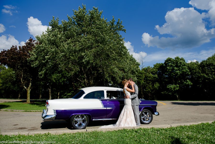 Bride, Groom, and a Purple 1950s Chevy