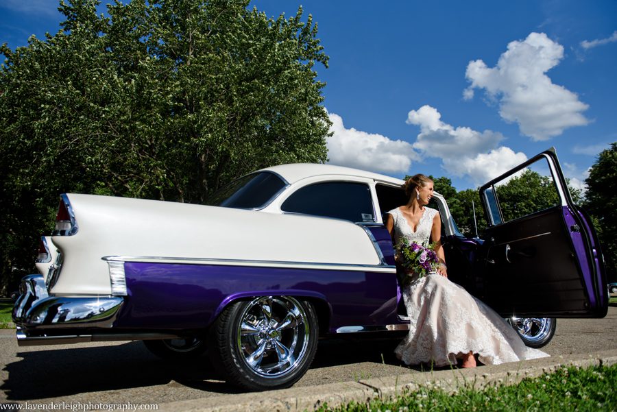 Bride, Groom, and a Purple 1950s Chevy