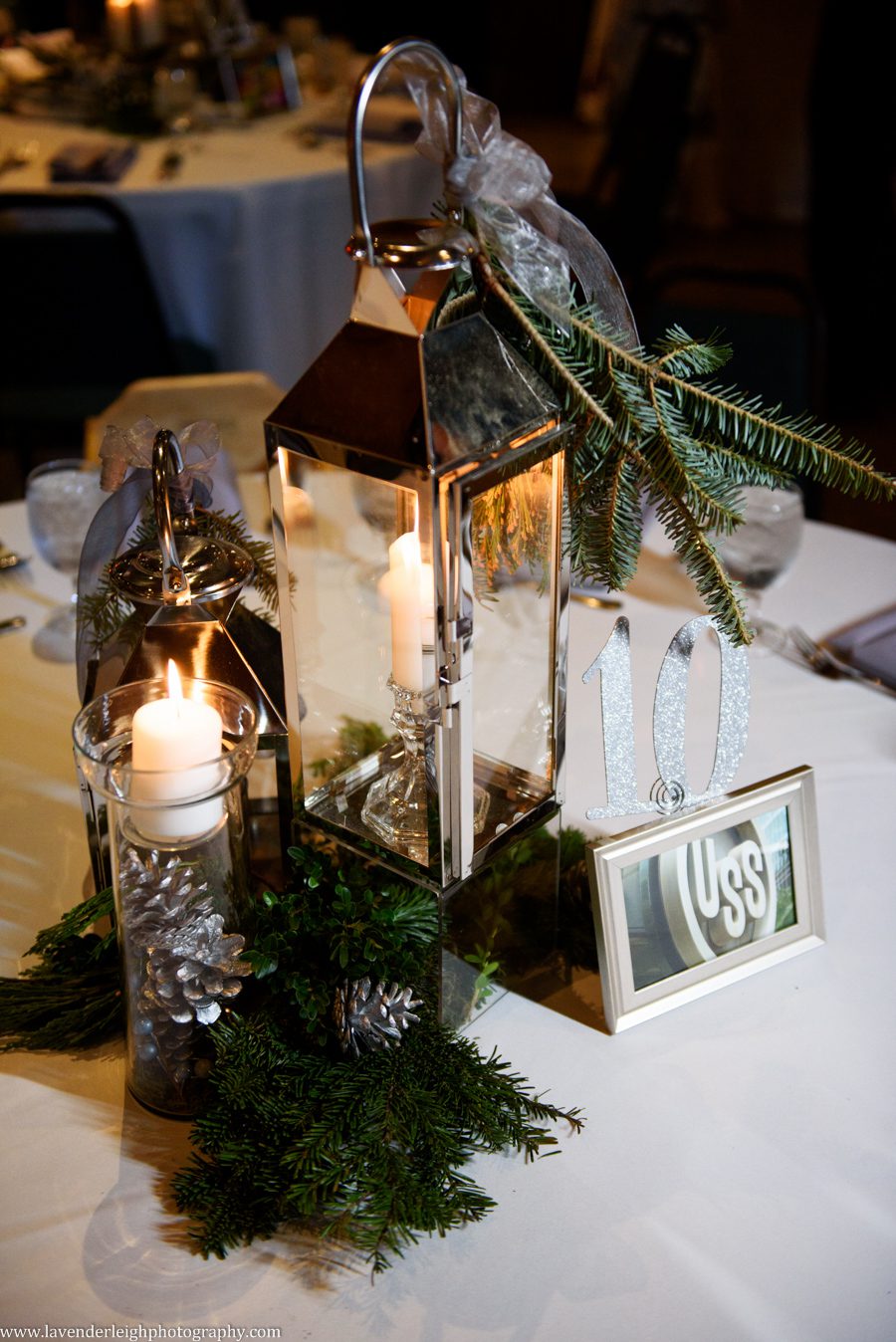 Candlelit centerpieces decorated the guests' tables at a Heinz History Center wedding reception