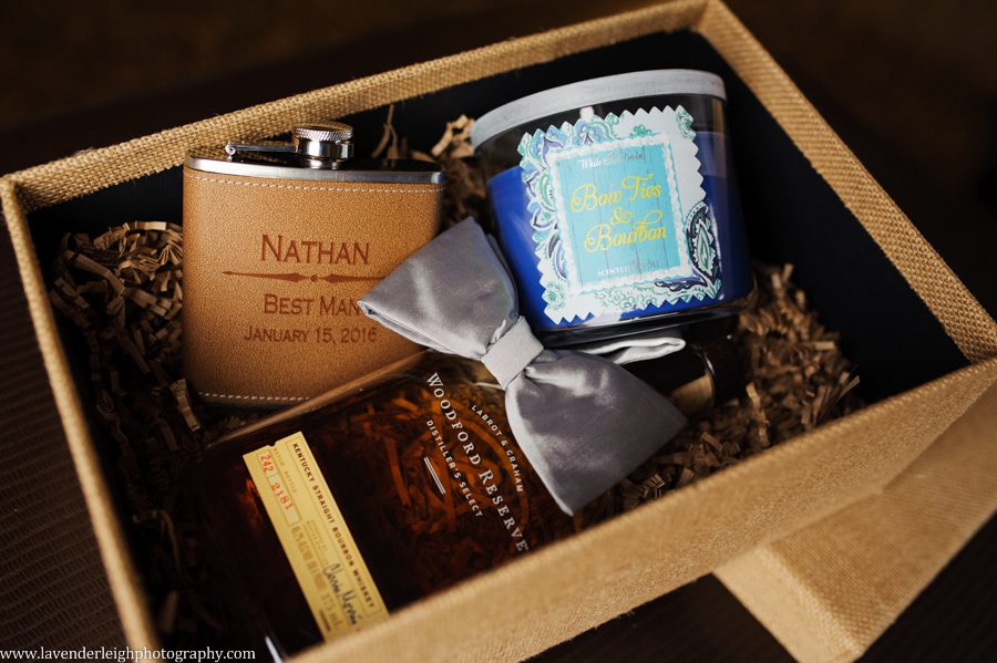 A flask and candle gift from groom to groomsman