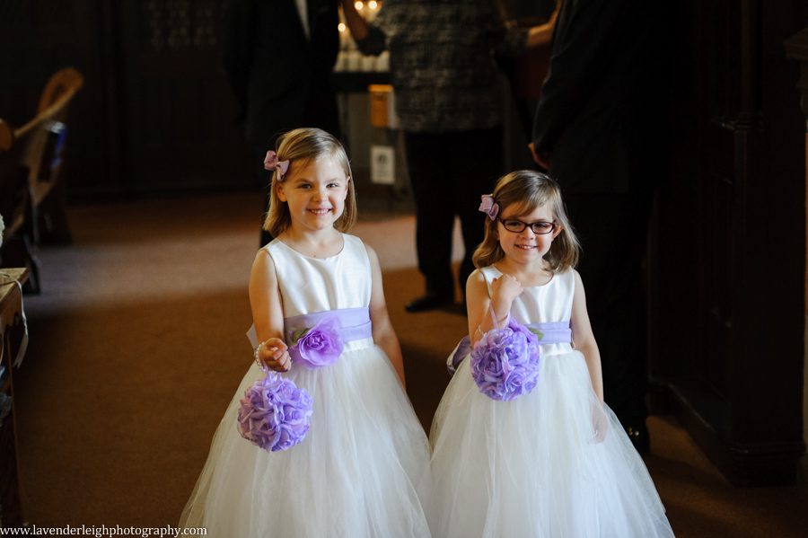 Flower Girls, purple sash, wedding ceremony, flowers