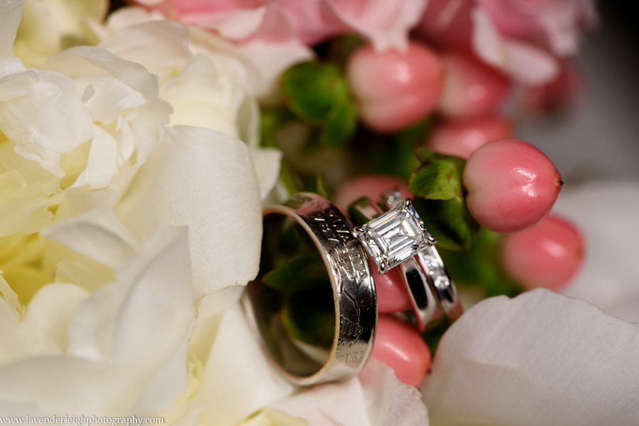 wedding and engagement ring, quarter, flowers, bouquet, pink flowers