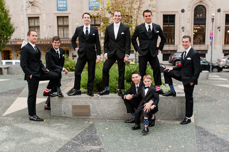 The groom and groomsmen wear their American Flag socks