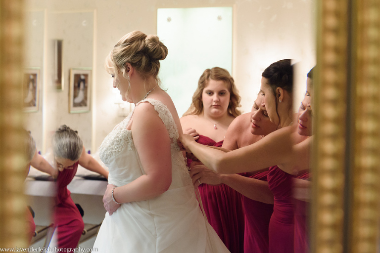 Bride Putting on Dress, The Club at Nevillewood Wedding, Lavender Leigh Photography