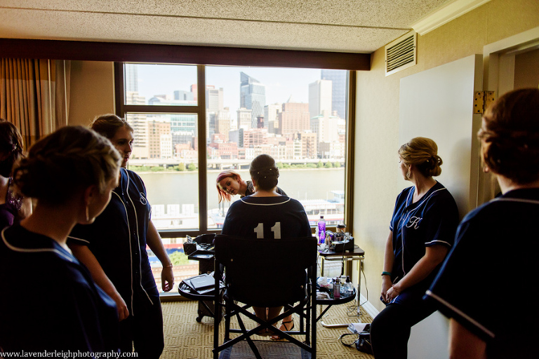 The bride and her bridesmaids had a lovely view of Pittsburgh as they got ready for the wedding day.