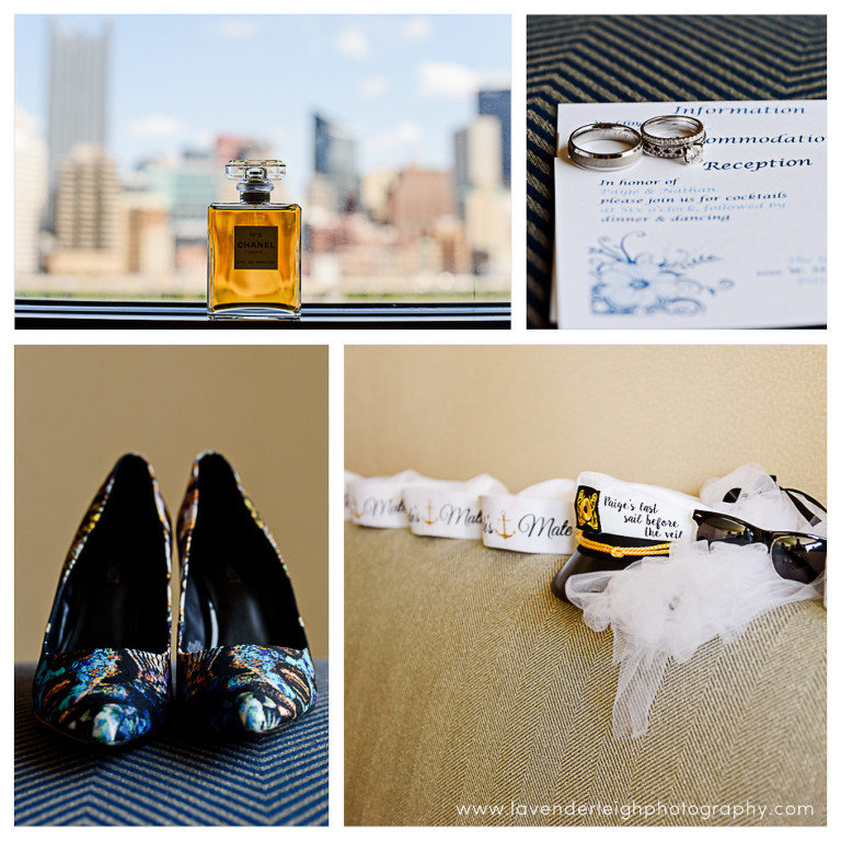 The bride's shoes, Chanel perfume, and rings