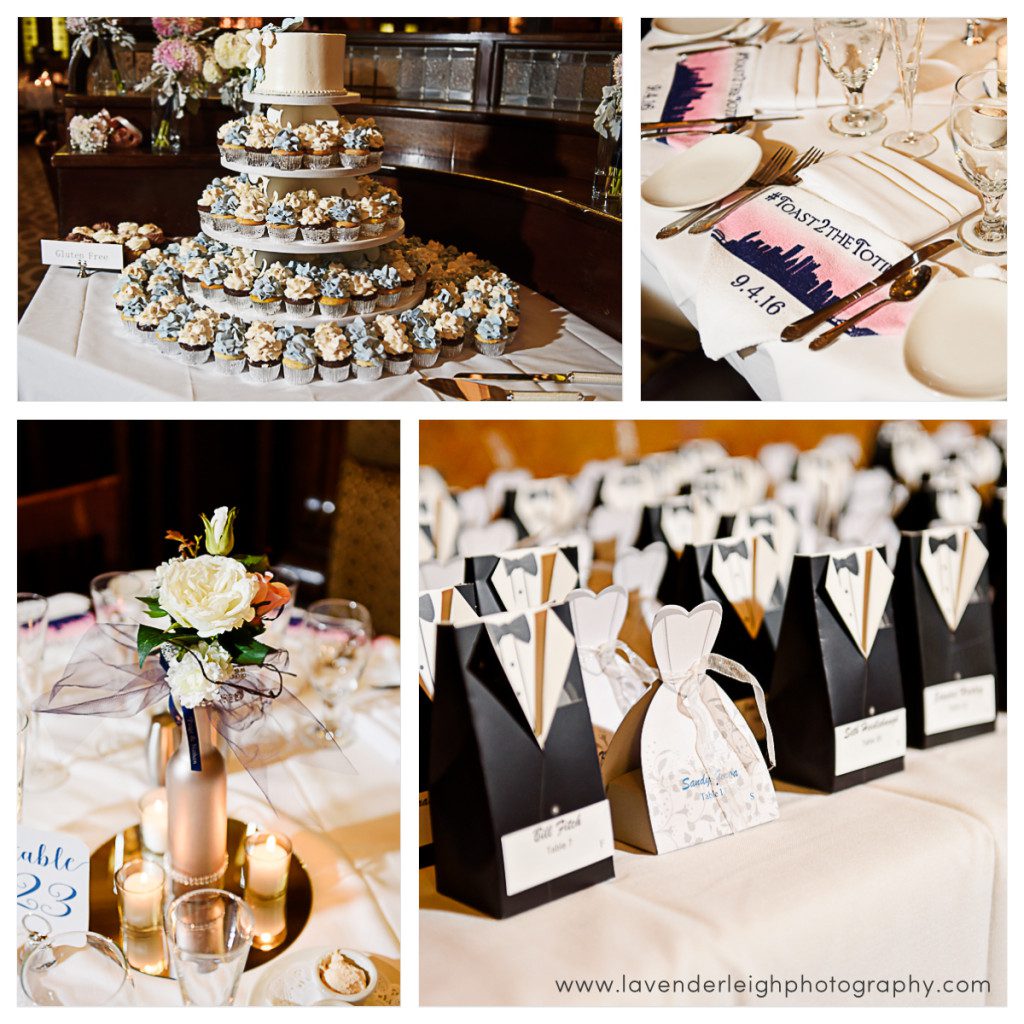 The wedding cake, place cards, guest favors, and centerpieces at a wedding reception at The Grand Concourse in Pittsburgh, Pennsylvania