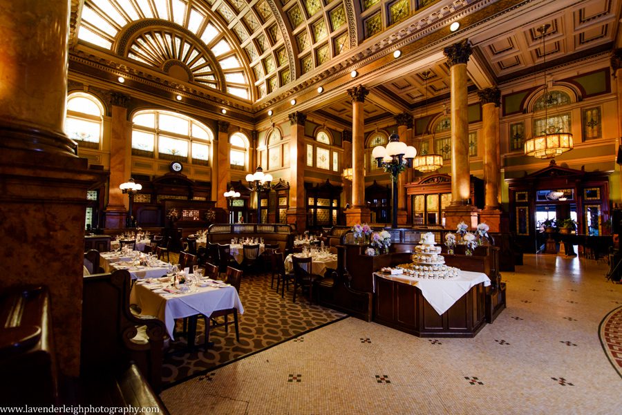 The wedding reception set up at The Grand Concourse in Pittsburgh, Pennsylvania