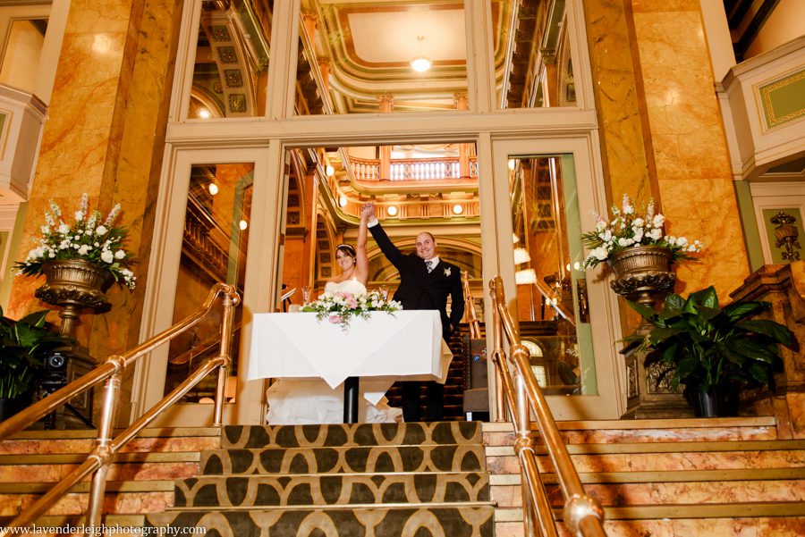 The bride and groom get introduced at their wedding reception at The Grand Concourse in Pittsburgh, Pennsylvania