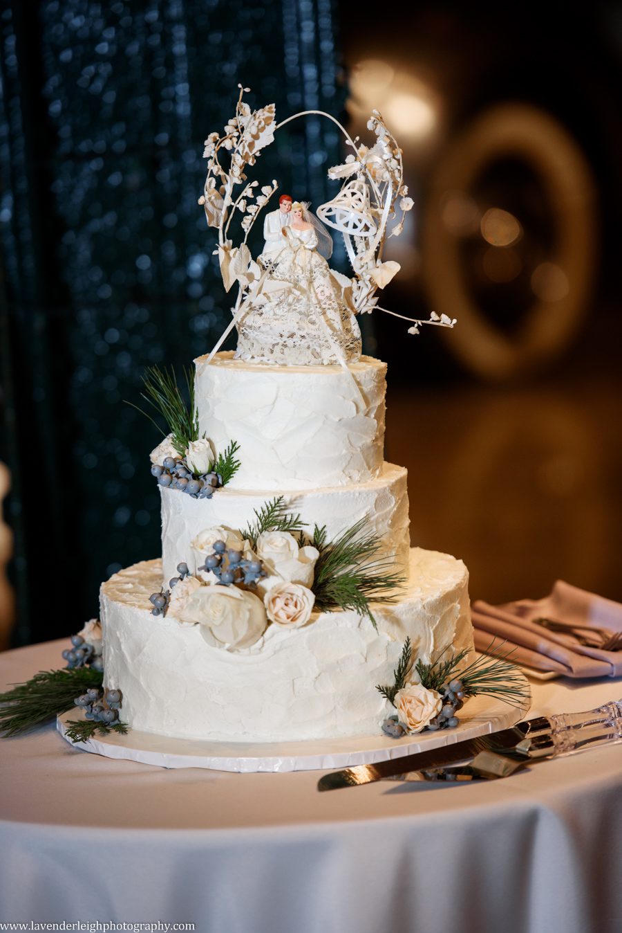 The three layer wedding cake at a Heinz History Center wedding reception