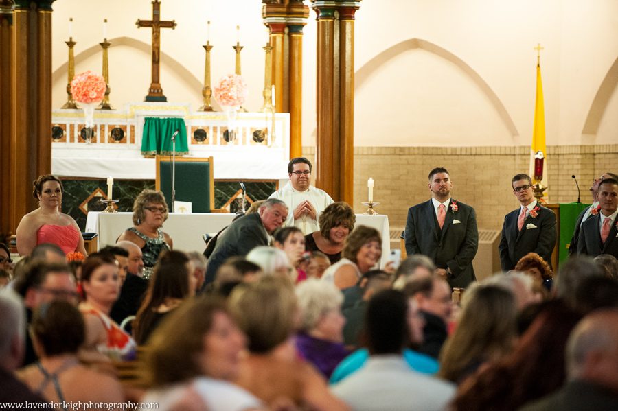 Mother of Bride Coaxing Flower Girls Down Aisle | Pink Flowers | Holy Innocents Church | Holy Cross Wedding | Pittsburgh Wedding Photographer | Pittsburgh Engagement Photographer | Lavender Leigh Photography