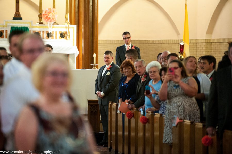 Groom seeing bride walk down the aisle | Teary-eyed | Holy Innocents Church | Holy Cross Wedding | Pittsburgh Wedding Photographer | Pittsburgh Engagement Photographer | Lavender Leigh Photography
