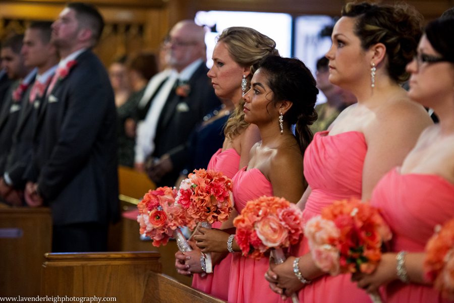 Bridesmaids Watching Ceremony | Pink Bridesmaids Dresses | Pink Wedding Bouquets | Holy Innocents Church | Holy Cross Wedding | Pittsburgh Wedding Photographer | Pittsburgh Engagement Photographer | Lavender Leigh Photography