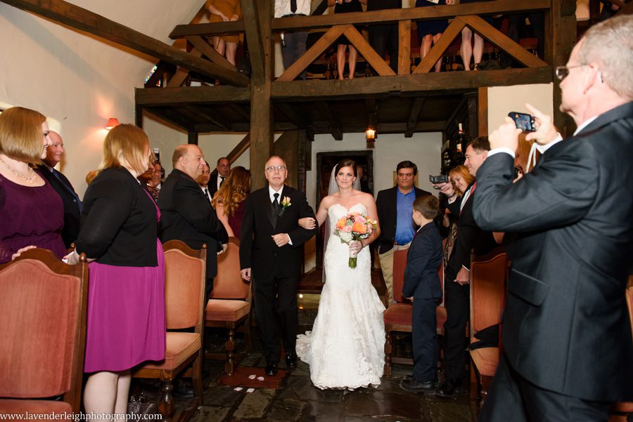 Bride and Father Walk Aisle, the Hyeholde restaurant, castle, Pittsburgh Pennsylvania wedding and engagement photographer