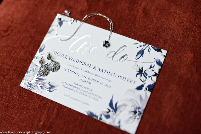 Navy Floral Wedding Invitation and Bride's Jewelry, the Hyeholde restaurant, castle, Pittsburgh Pennsylvania wedding and engagement photographer