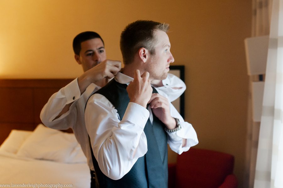 groom getting ready with best man, the Hyeholde restaurant, castle, Pittsburgh Pennsylvania wedding and engagement photographer