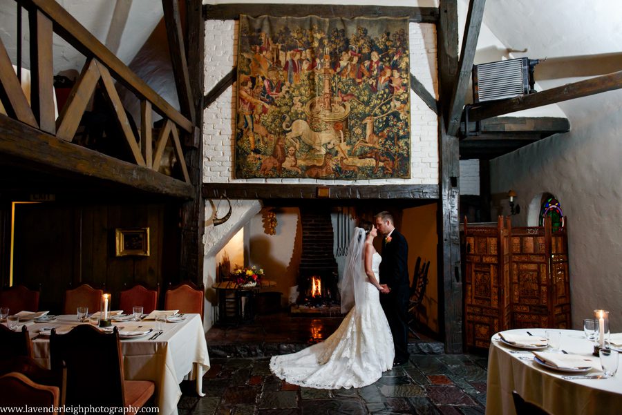 Bride and Groom at Hyeholde, inside, medieval tapestry, castle, Pittsburgh Pennsylvania wedding and engagement photographer