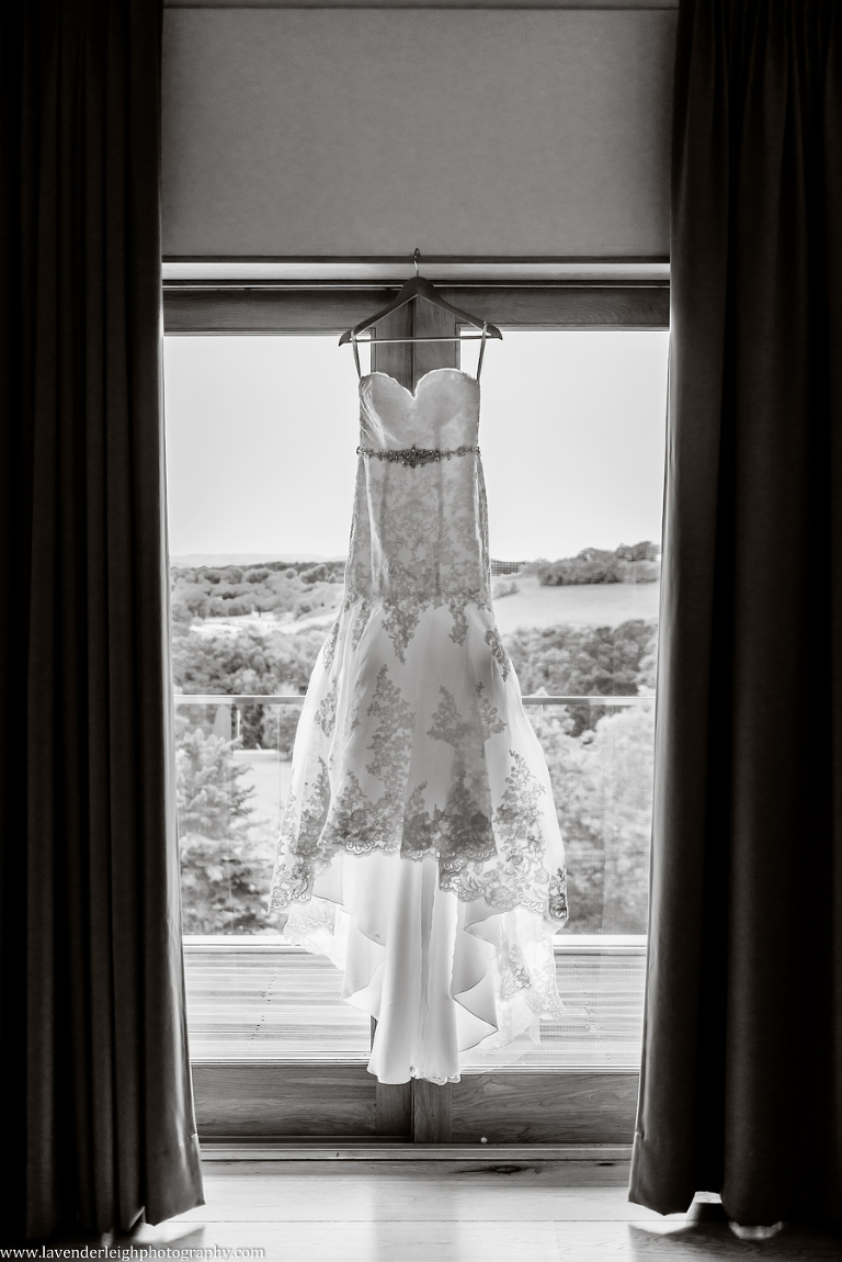 white, David's Bridal Lace Mermaid Wedding Gown, hanging in window