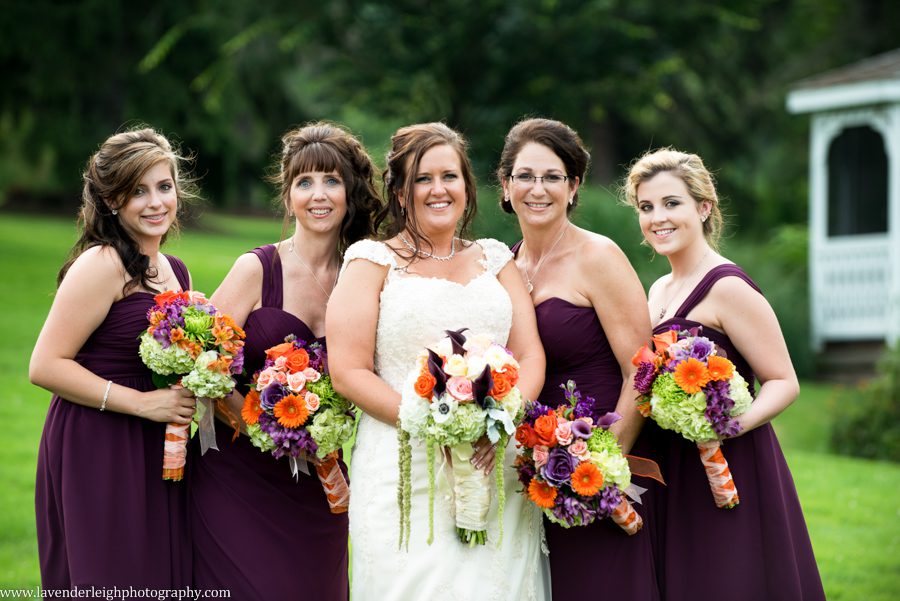 Bride with Bridesmaids| Lace Wedding Dress | Maggie Sottero | Ivory | Eggplant Bridesmaids Dresses | Colorful Wildflower Bouquets | Lingrow Farms | Barn Wedding | Farmhouse Getting Ready Pictures | Pittsburgh Wedding Photographer | Pittsburgh Wedding Photographers | Lavender Leigh Photography | Blog