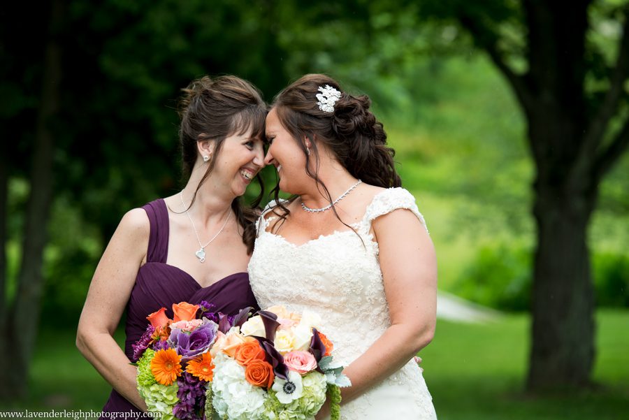 Bride with Sister| Lace Wedding Dress | Maggie Sottero | Ivory | Eggplant Bridesmaids Dresses | Colorful Wildflower Bouquets | Lingrow Farms | Barn Wedding | Farmhouse Getting Ready Pictures | Pittsburgh Wedding Photographer | Pittsburgh Wedding Photographers | Lavender Leigh Photography | Blog