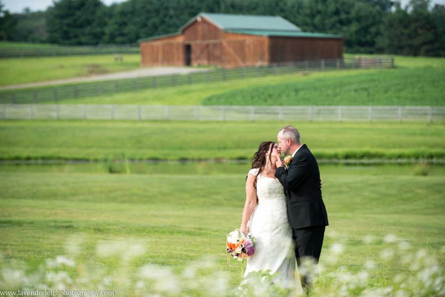Bride and Groom in Field |Barn | Kiss | Lace Wedding Dress | Maggie Sottero | Ivory | Lingrow Farms | Barn Wedding | Farmhouse Getting Ready Pictures | Pittsburgh Wedding Photographer | Pittsburgh Wedding Photographers | Lavender Leigh Photography | Blog