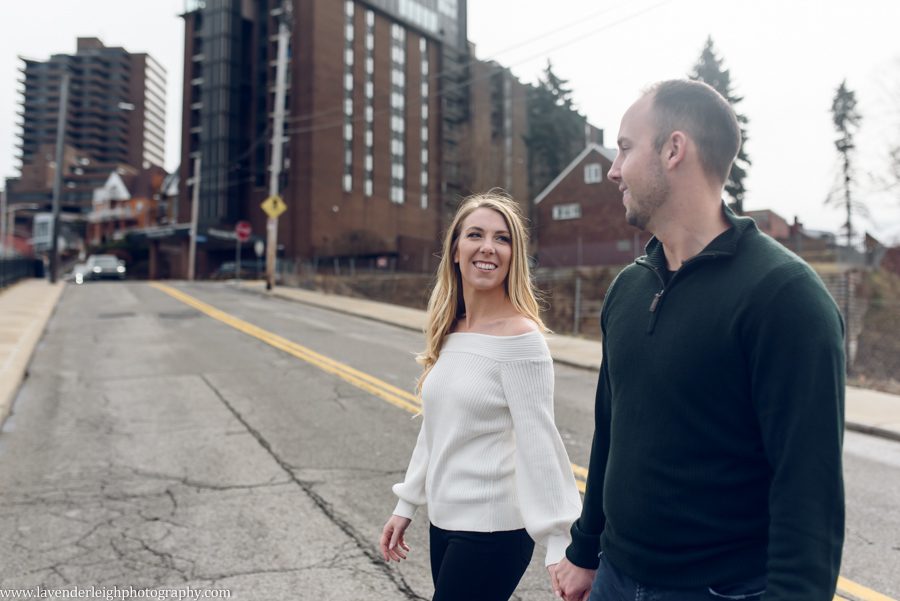 <alt>an engaged couple on Mt. Washington in Pittsburgh, Pennsylvania</alt>