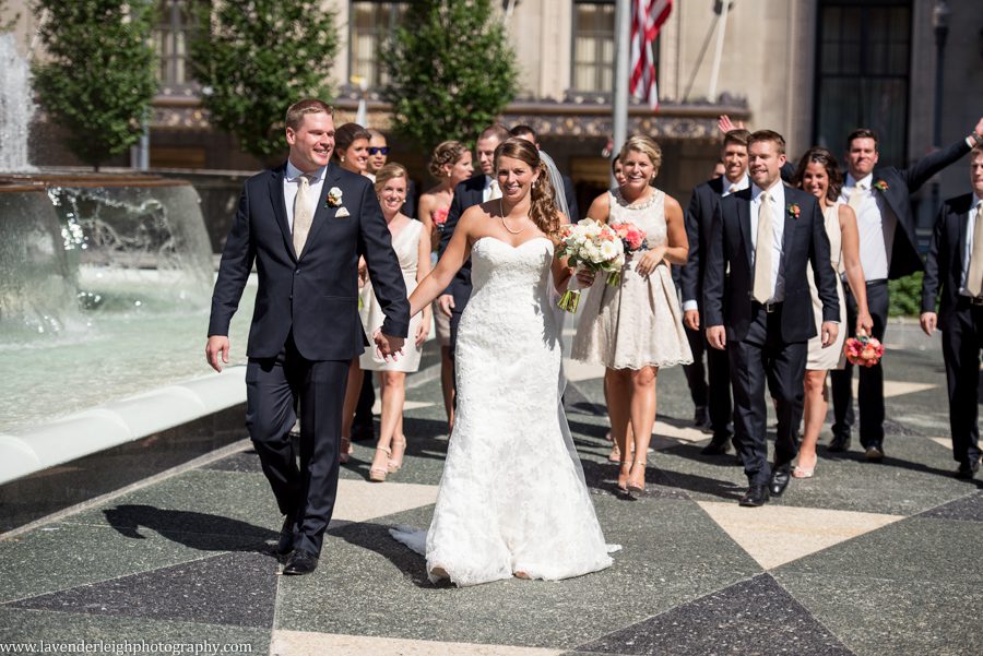 Bride and Groom with Bridal Party |Mellon Square Park | City Wedding | Downtown | Summer | Oakmont Country Club Wedding | Getting Ready Pictures | Pittsburgh Wedding Photographer | Pittsburgh Wedding Photographers | Lavender Leigh Photography | Blog