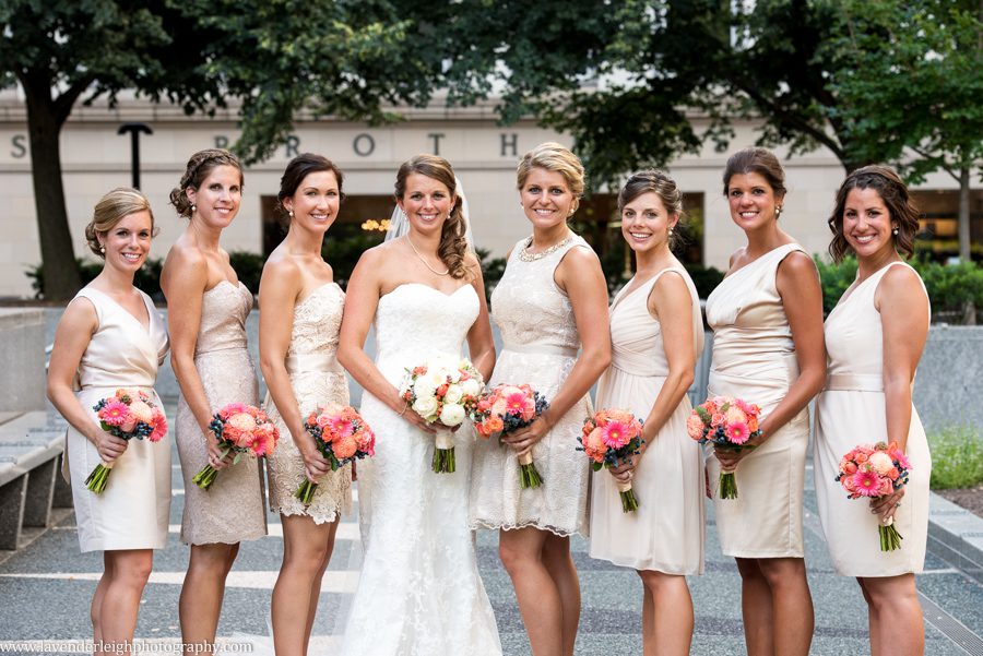 Bride with Bridesmaids |Mellon Square Park | City Wedding | Downtown | Summer | Oakmont Country Club Wedding | Getting Ready Pictures |  Pittsburgh Wedding Photographer | Pittsburgh Wedding Photographers | Lavender Leigh Photography | Blog