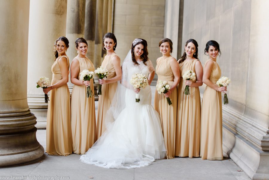 Bride and Bridesmaids in gold dresses at The Mellon Institute in Pittsburgh, Pennsylvania