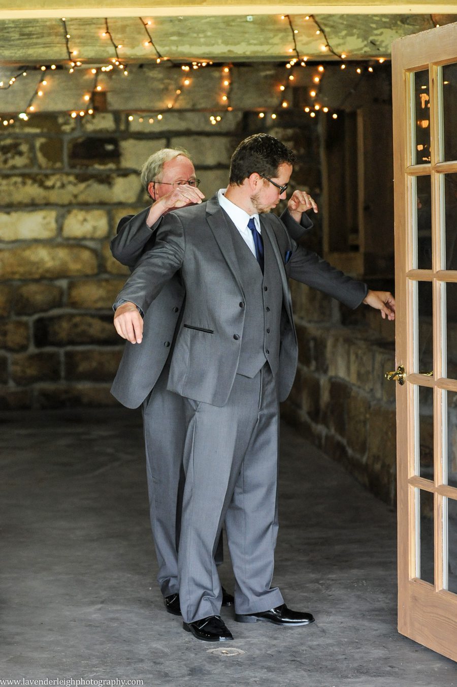 Groom Getting Ready | Putting on Jacket | With Father | Grey Suit| Barn Wedding | Rustic Acres Wedding Reception | Rustic Acres Ceremony | Watters Love Marley Wedding Dress | Pittsburgh Wedding Photographer | Pittsburgh Wedding Photographers | Lavender Leigh Photography | Blog