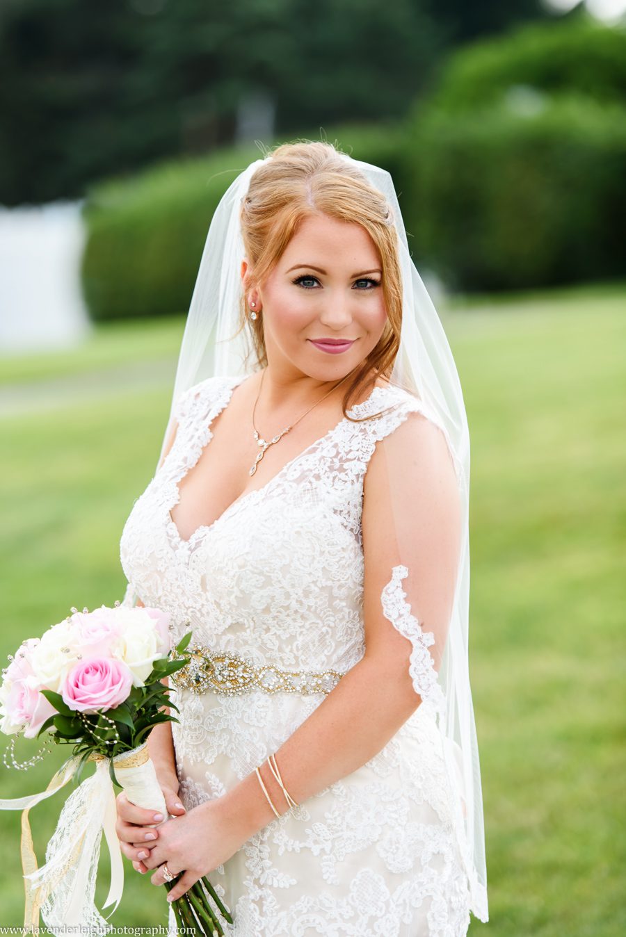 champagne wedding dress, summer day, golf course, lace overlay, lace veil
