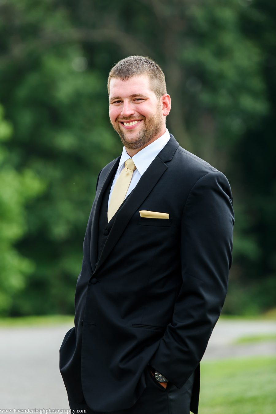 summer wedding, gold pocket square, tux, groom, wedding day