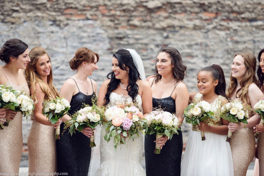 Champagne and black sparkling bridesmaids gowns. Kleinfeld Hudson's Bay Wedding Dress.