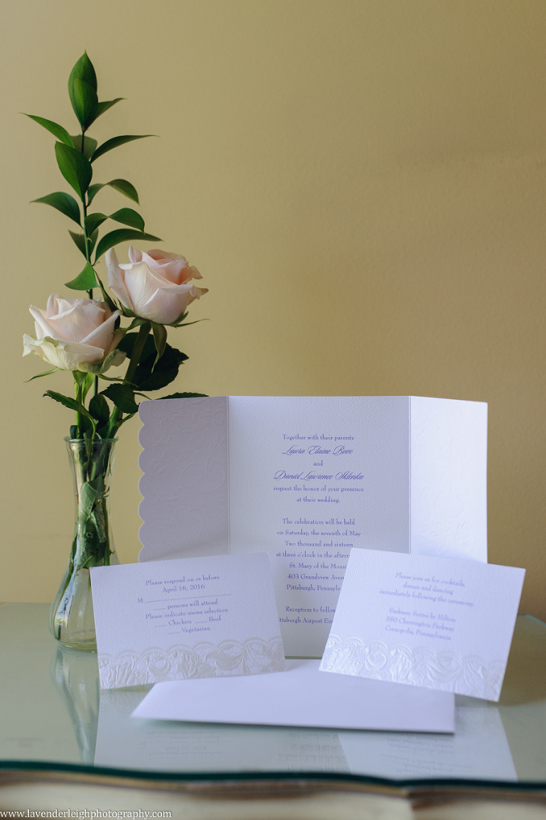 white wedding invitation, pink roses, pearl, simple