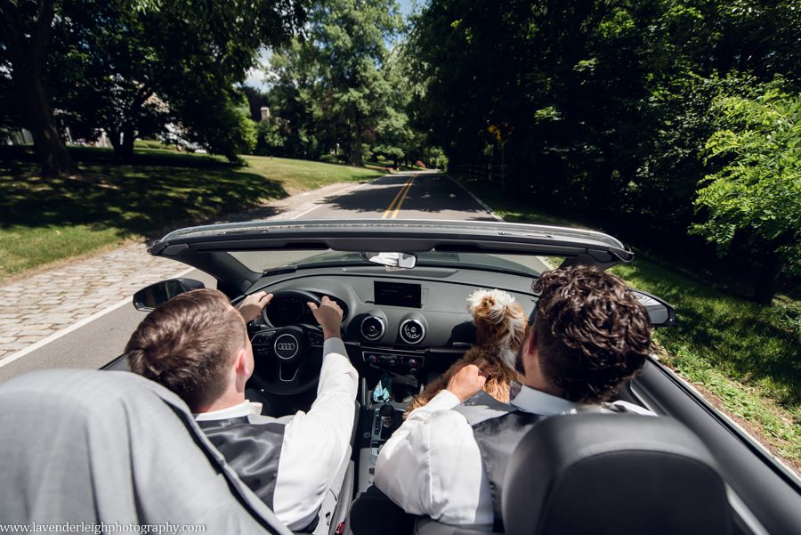 <alt>groom and groomsman driving in convertible to first look</alt>