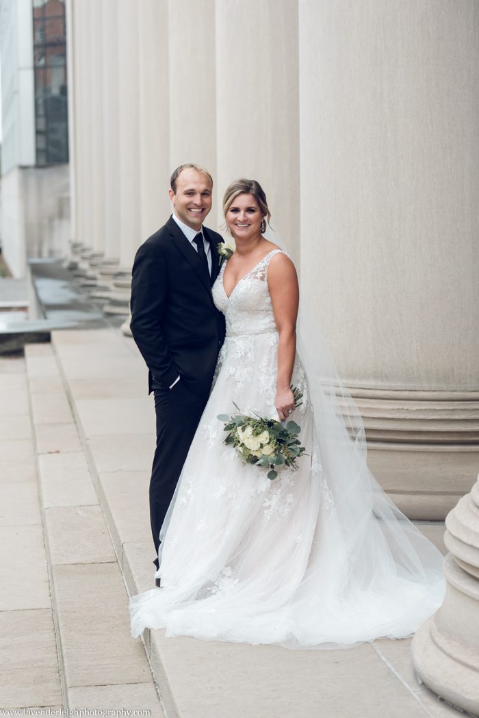 Bride and Groom at the CMU Pillars <alt> Pittsburgh, Pennsylvania wedding, boudoir, portrait photographer, Lavender Leigh Photography</alt>