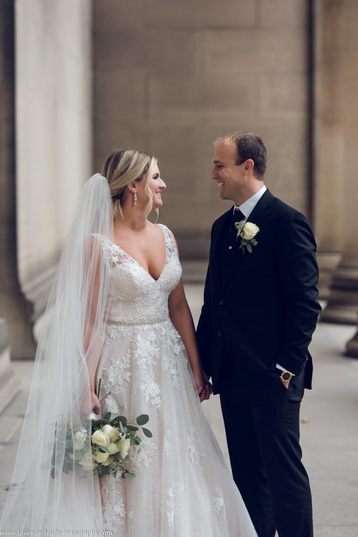 Bride and Groom at the Carnegie Mellon University Pillars <alt> Pittsburgh, Pennsylvania wedding, boudoir, portrait photographer, Lavender Leigh Photography</alt>